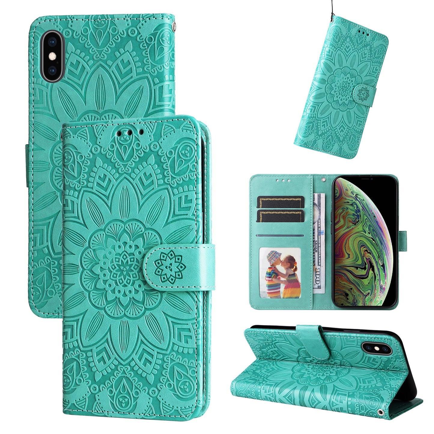 iPhone X Sunflower Embossed Leather Wallet Phone Case with Kickstand and Card Holder