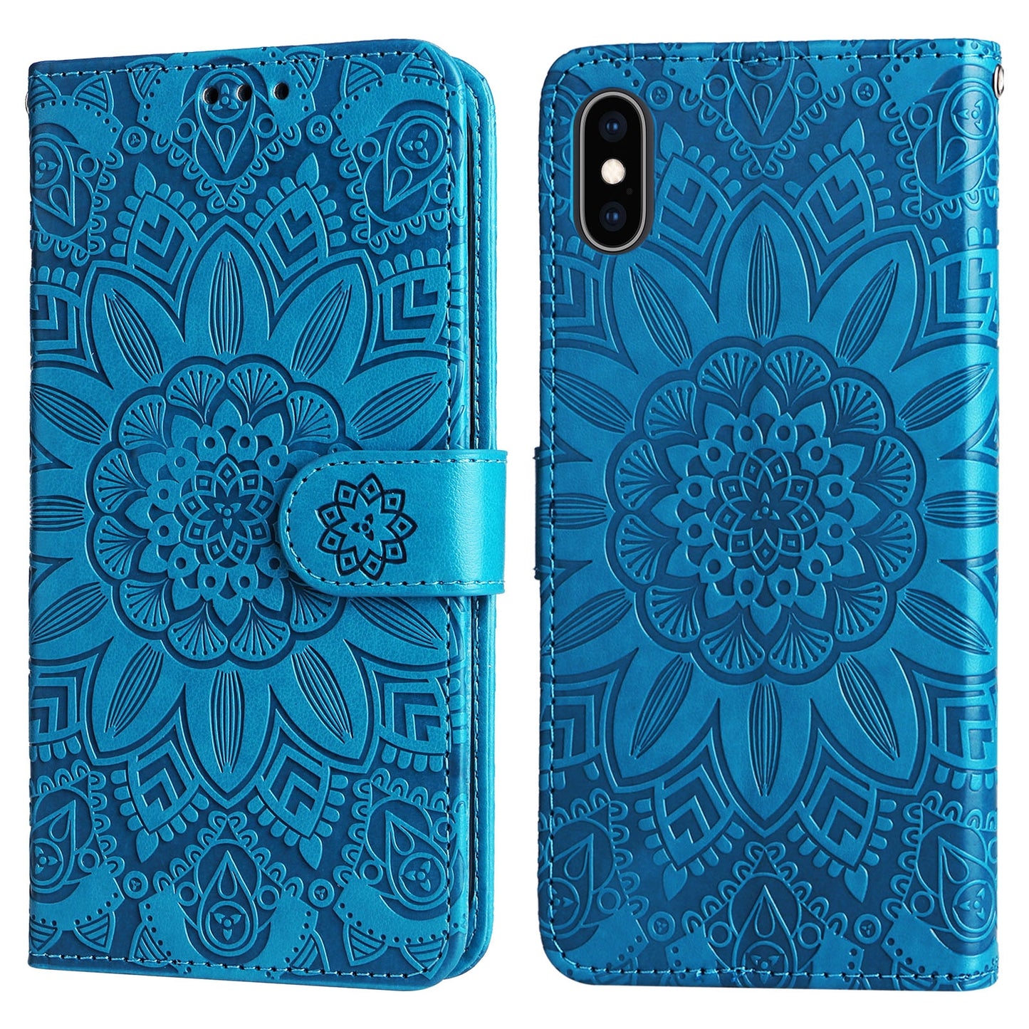 iPhone XS Sunflower Embossed Leather Wallet Phone Case with Kickstand and Card Holder