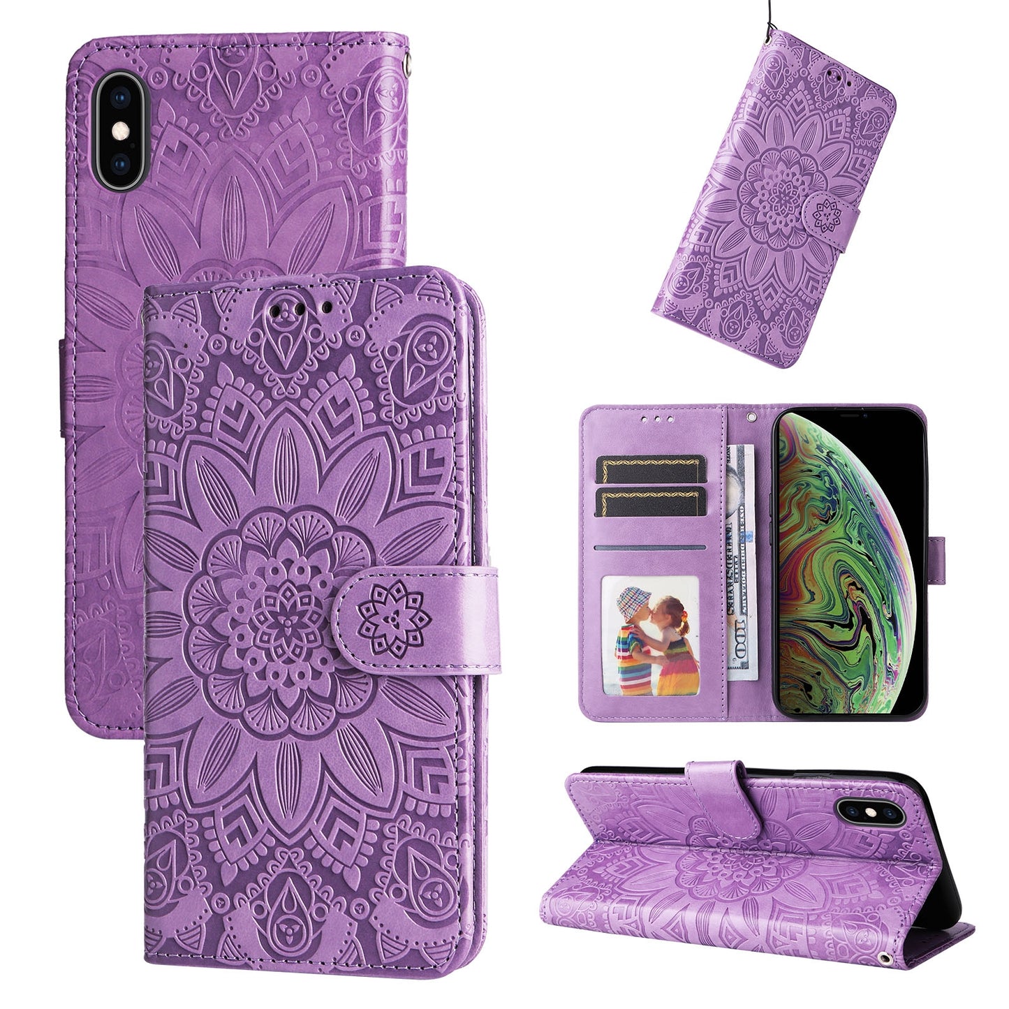 iPhone X Sunflower Embossed Leather Wallet Phone Case with Kickstand and Card Holder