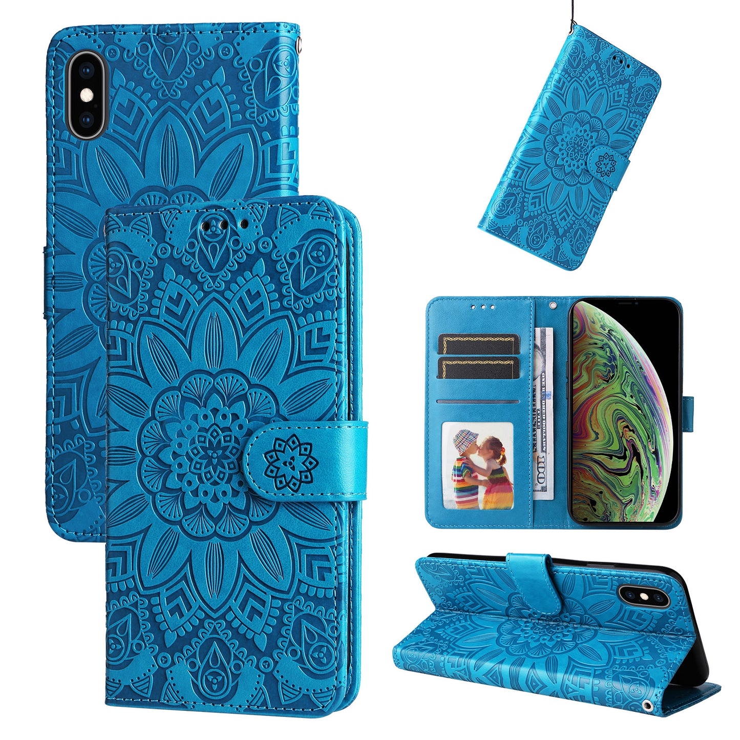 iPhone XR Sunflower Embossed Leather Wallet Phone Case with Kickstand and Card Holder