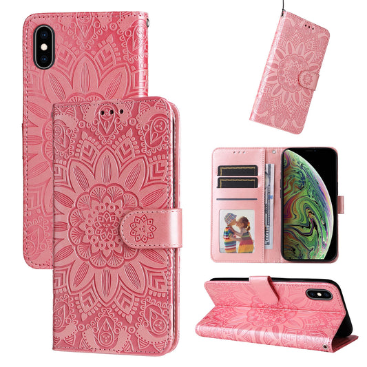 iPhone XS Max Sunflower Embossed Leather Wallet Phone Case with Kickstand and Card Holder