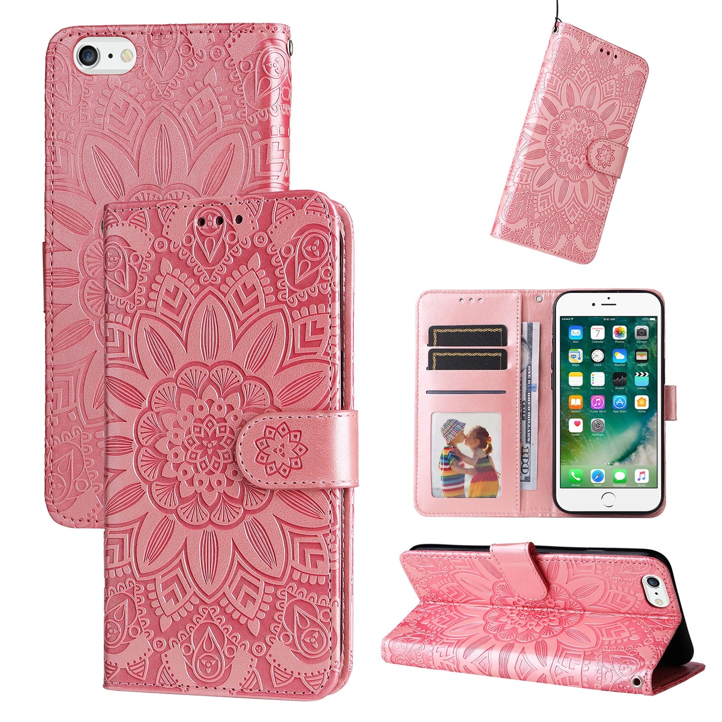 iPhone SE 2022 Sunflower Embossed Leather Wallet Phone Case with Kickstand and Card Holder