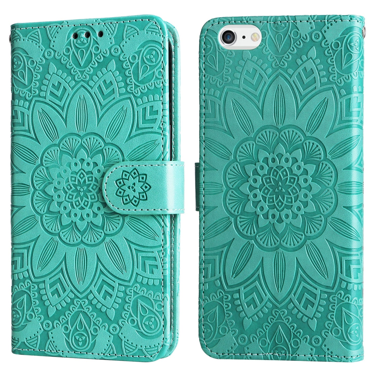 iPhone SE 2022 Sunflower Embossed Leather Wallet Phone Case with Kickstand and Card Holder