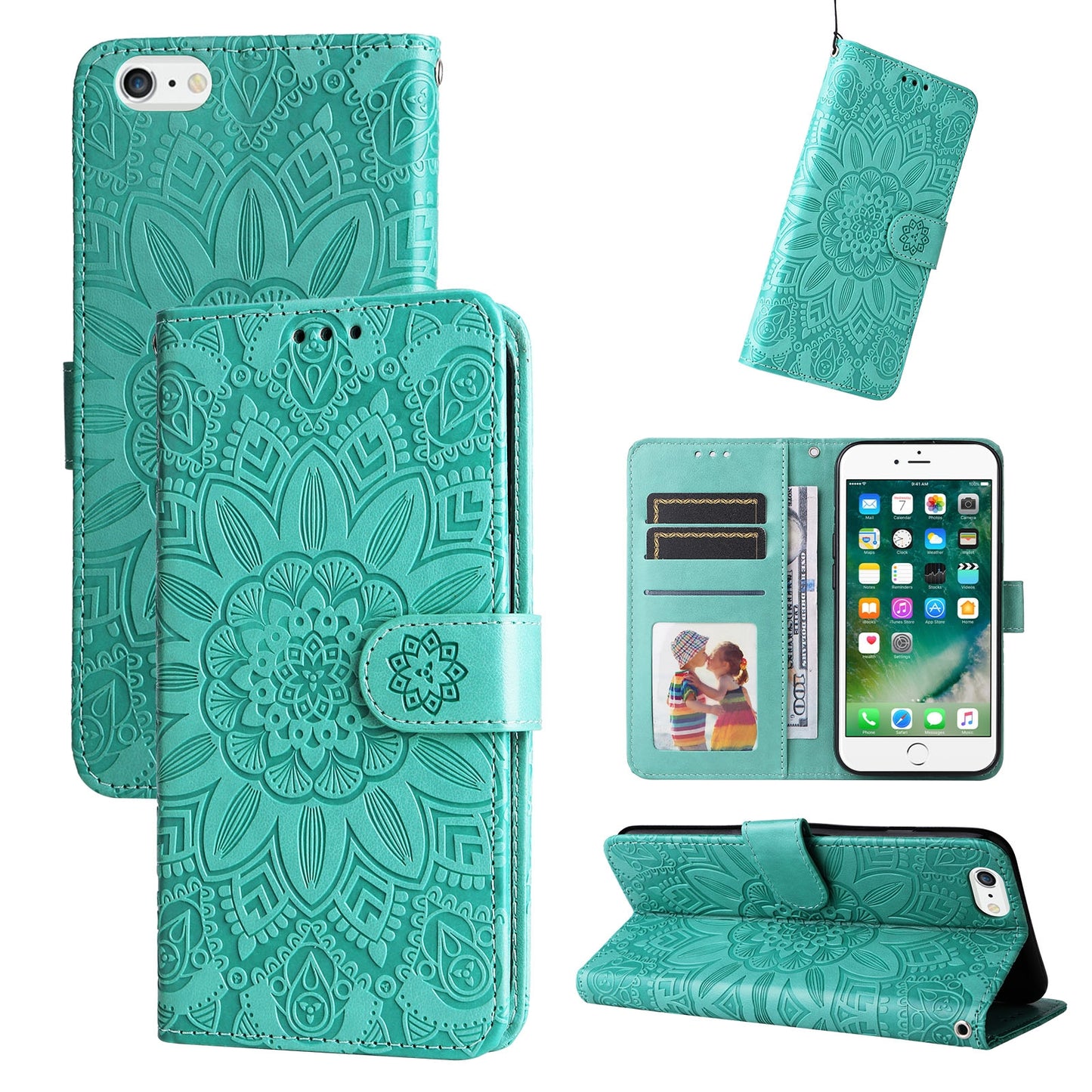 iPhone 7 Sunflower Embossed Leather Wallet Phone Case with Kickstand and Card Holder