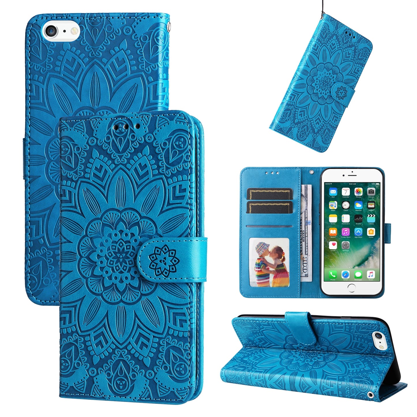 iPhone SE 2022 Sunflower Embossed Leather Wallet Phone Case with Kickstand and Card Holder