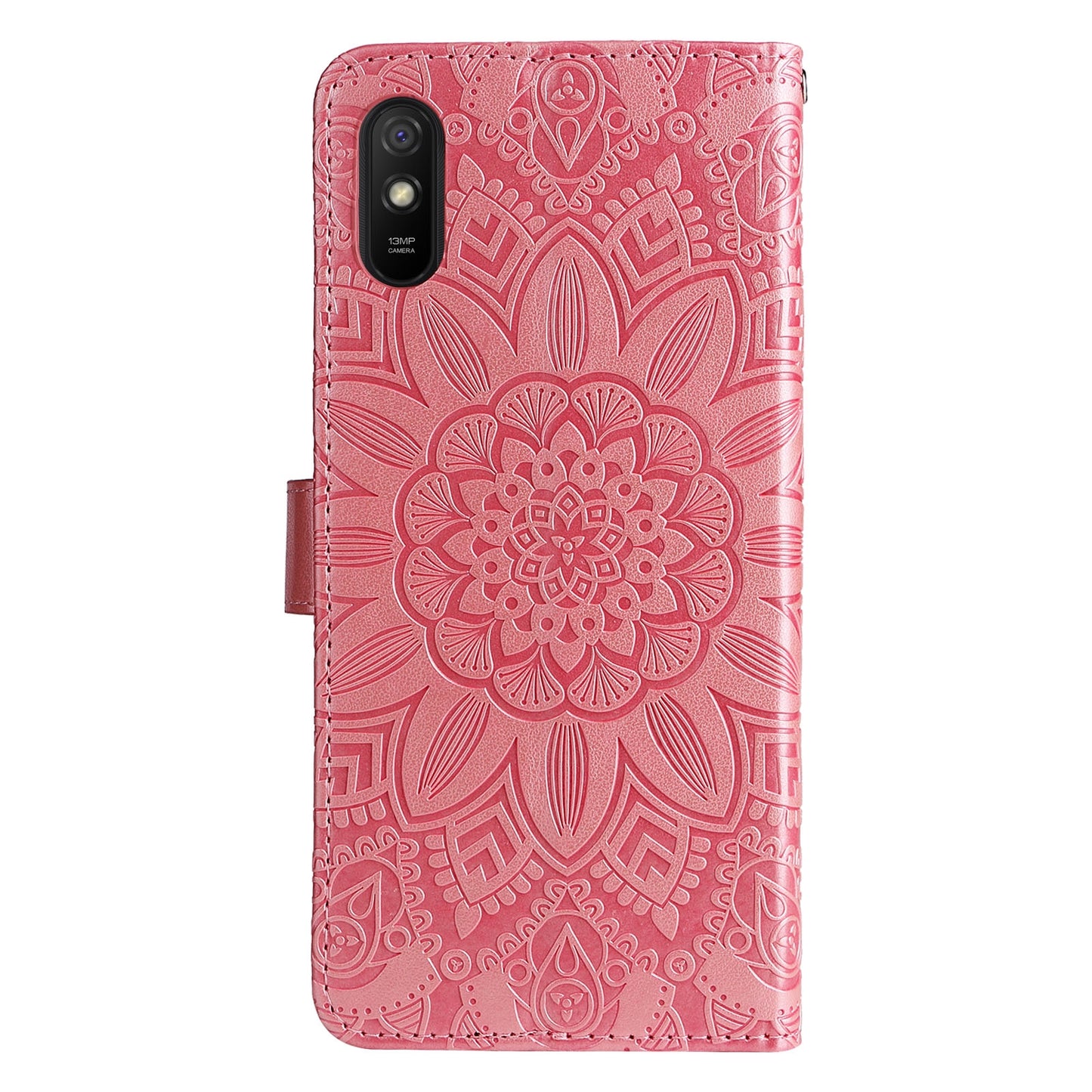 Xiaomi Redmi 9A Sunflower Embossed Leather Wallet Phone Case with Kickstand and Card Holder