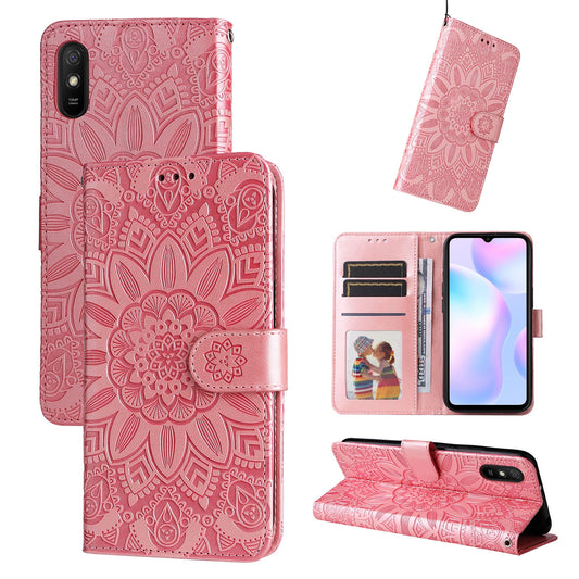 Xiaomi Redmi 9A Sunflower Embossed Leather Wallet Phone Case with Kickstand and Card Holder