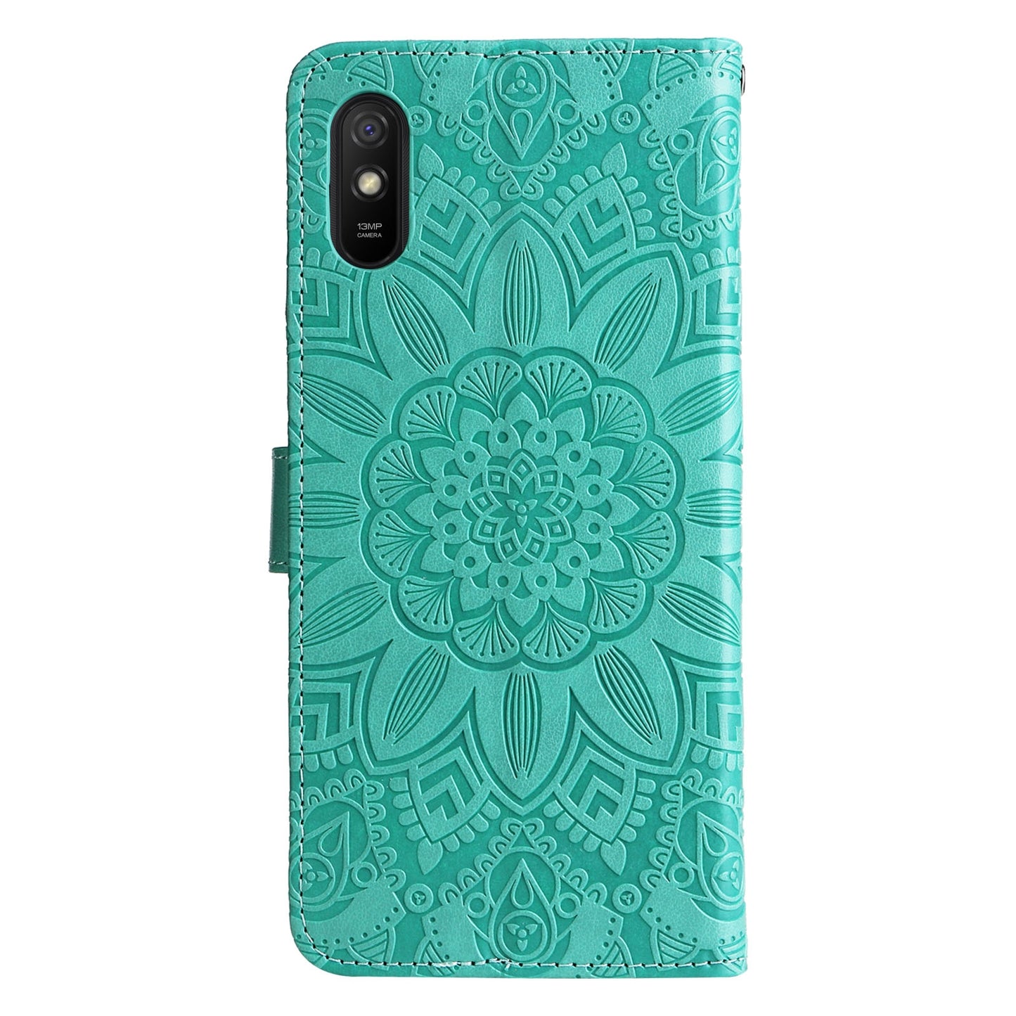 Xiaomi Redmi 9A Sunflower Embossed Leather Wallet Phone Case with Kickstand and Card Holder