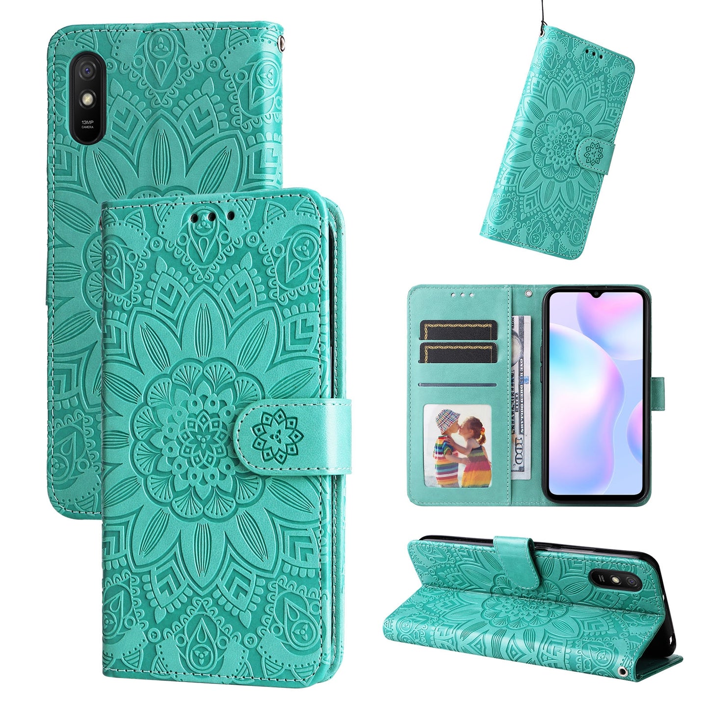 Xiaomi Redmi 9A Sunflower Embossed Leather Wallet Phone Case with Kickstand and Card Holder