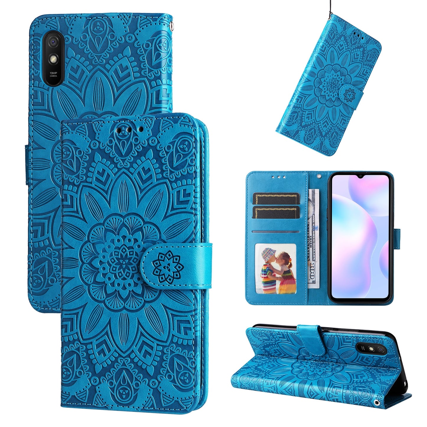 Xiaomi Redmi 9A Sunflower Embossed Leather Wallet Phone Case with Kickstand and Card Holder