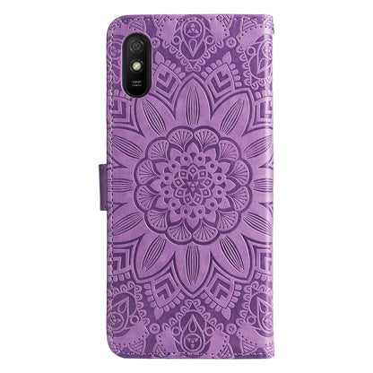 Xiaomi Redmi 9A Sunflower Embossed Leather Wallet Phone Case with Kickstand and Card Holder