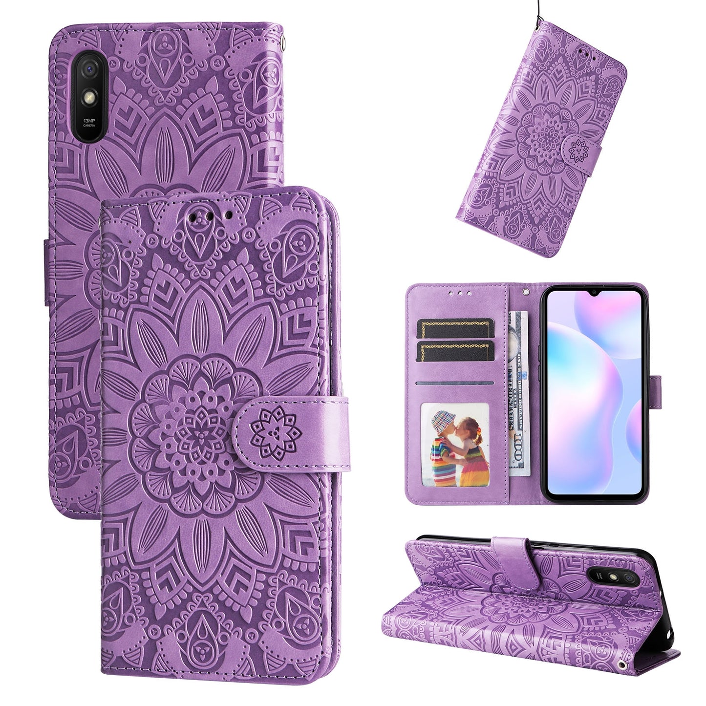 Xiaomi Redmi 9A Sunflower Embossed Leather Wallet Phone Case with Kickstand and Card Holder