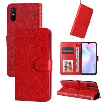 Xiaomi Redmi 9A Sunflower Embossed Leather Wallet Phone Case with Kickstand and Card Holder