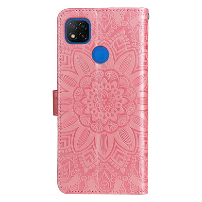 Xiaomi Redmi 9C Sunflower Embossed Leather Wallet Phone Case with Kickstand and Card Holder