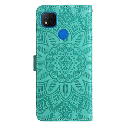 Xiaomi Redmi 9C Sunflower Embossed Leather Wallet Phone Case with Kickstand and Card Holder