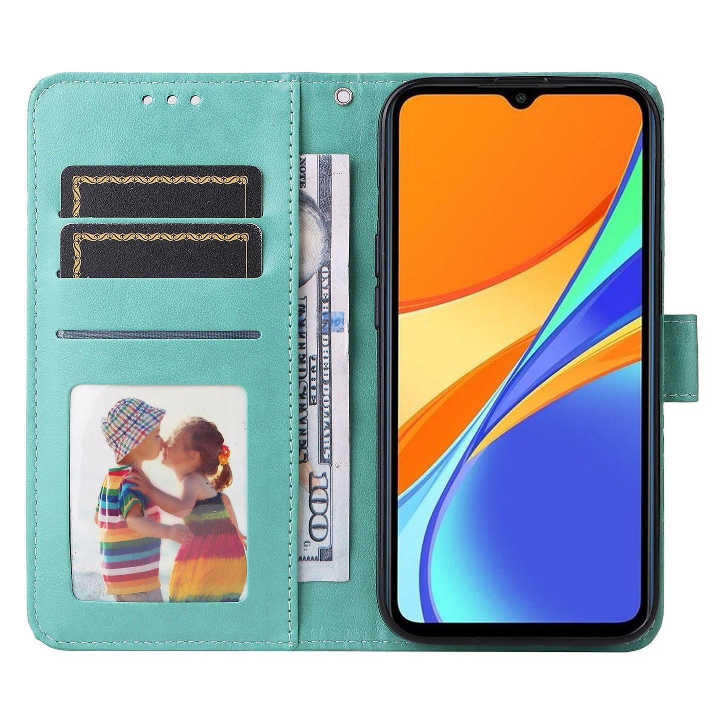 Xiaomi Redmi 9C Sunflower Embossed Leather Wallet Phone Case with Kickstand and Card Holder