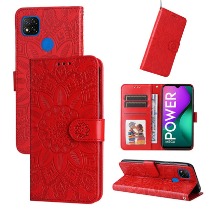 Xiaomi Redmi 9C Sunflower Embossed Leather Wallet Phone Case with Kickstand and Card Holder