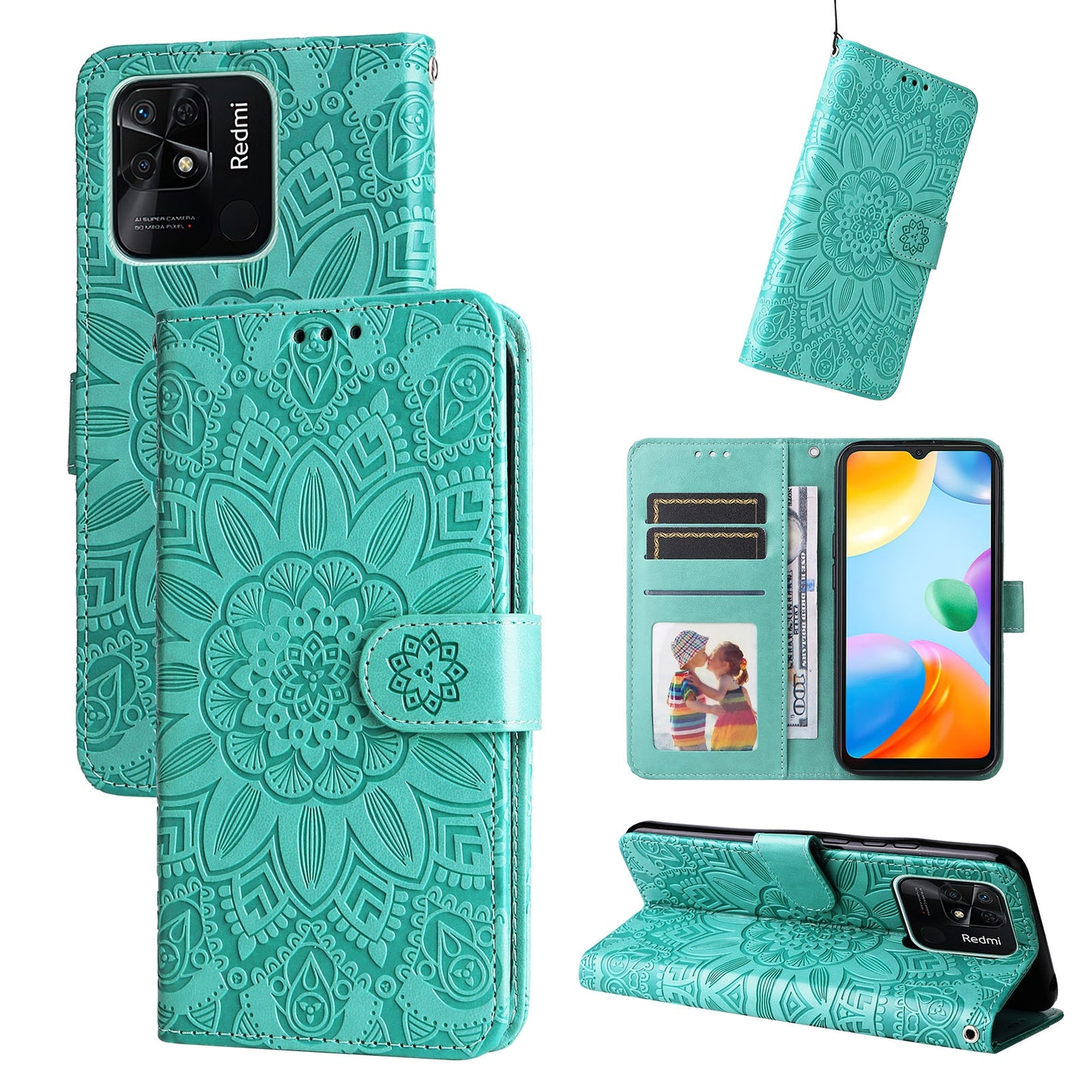 Xiaomi Redmi 10C 4G Sunflower Embossed Leather Wallet Phone Case with Kickstand and Card Holder