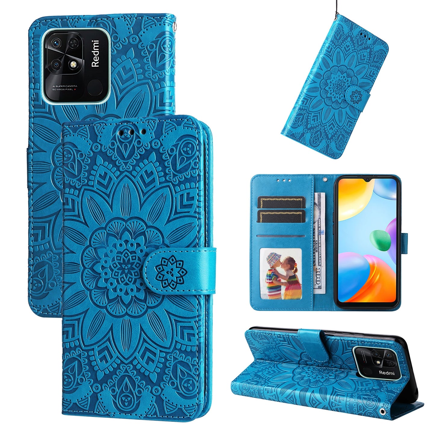 Xiaomi Redmi 10C 4G Sunflower Embossed Leather Wallet Phone Case with Kickstand and Card Holder