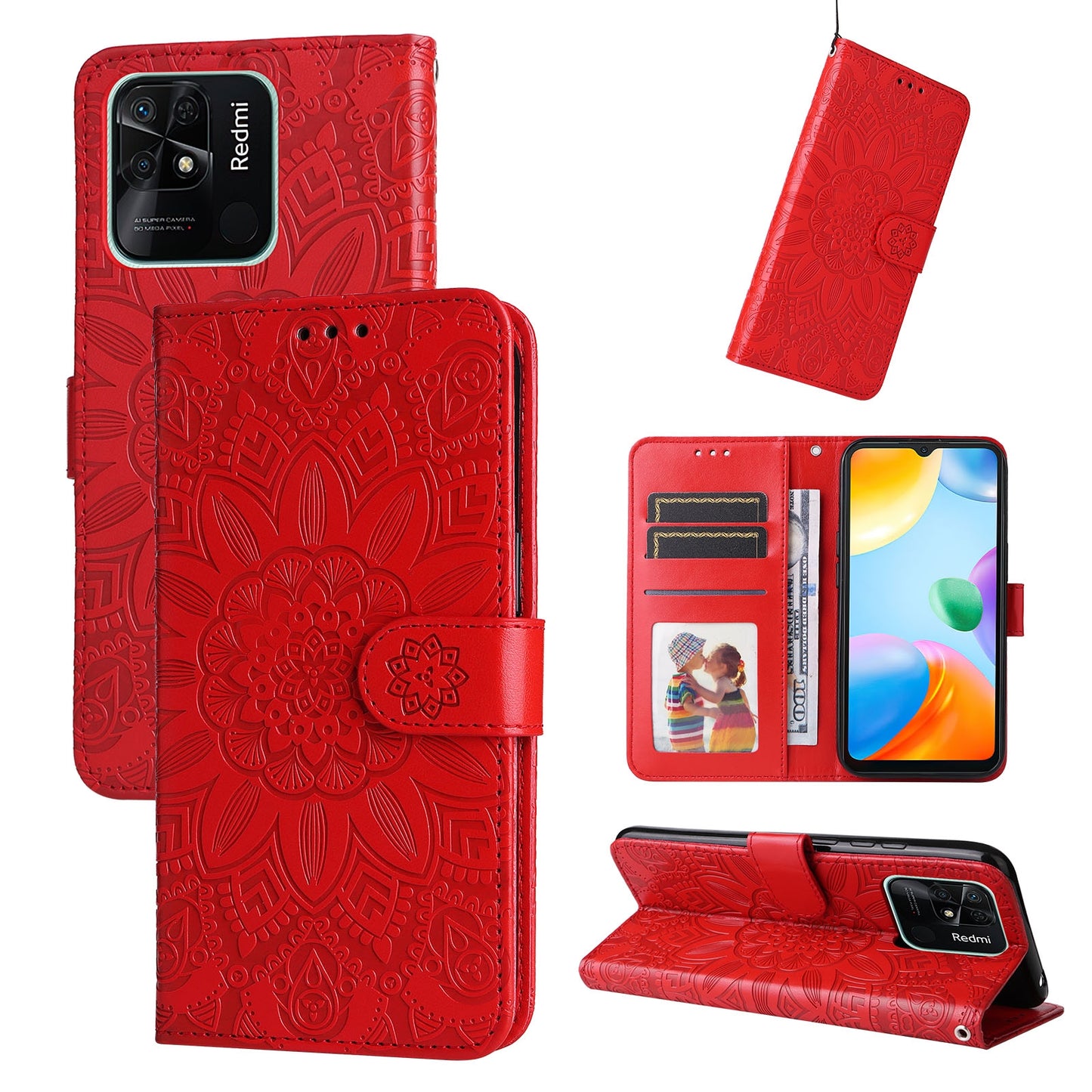 Xiaomi Redmi 10C 4G Sunflower Embossed Leather Wallet Phone Case with Kickstand and Card Holder