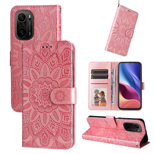 Xiaomi Redmi K40 Sunflower Embossed Leather Wallet Phone Case with Kickstand and Card Holder