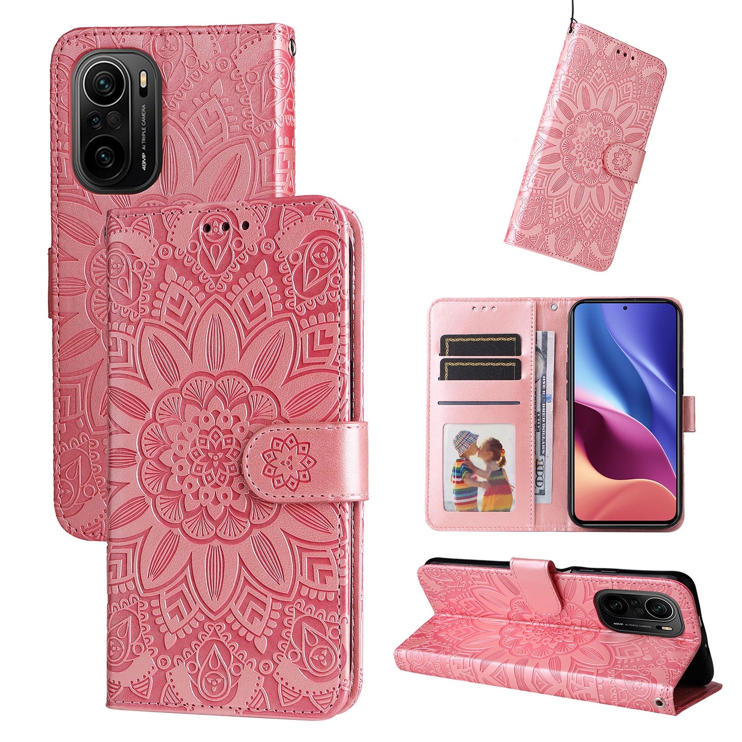 Xiaomi Redmi K40 Pro Sunflower Embossed Leather Wallet Phone Case with Kickstand and Card Holder