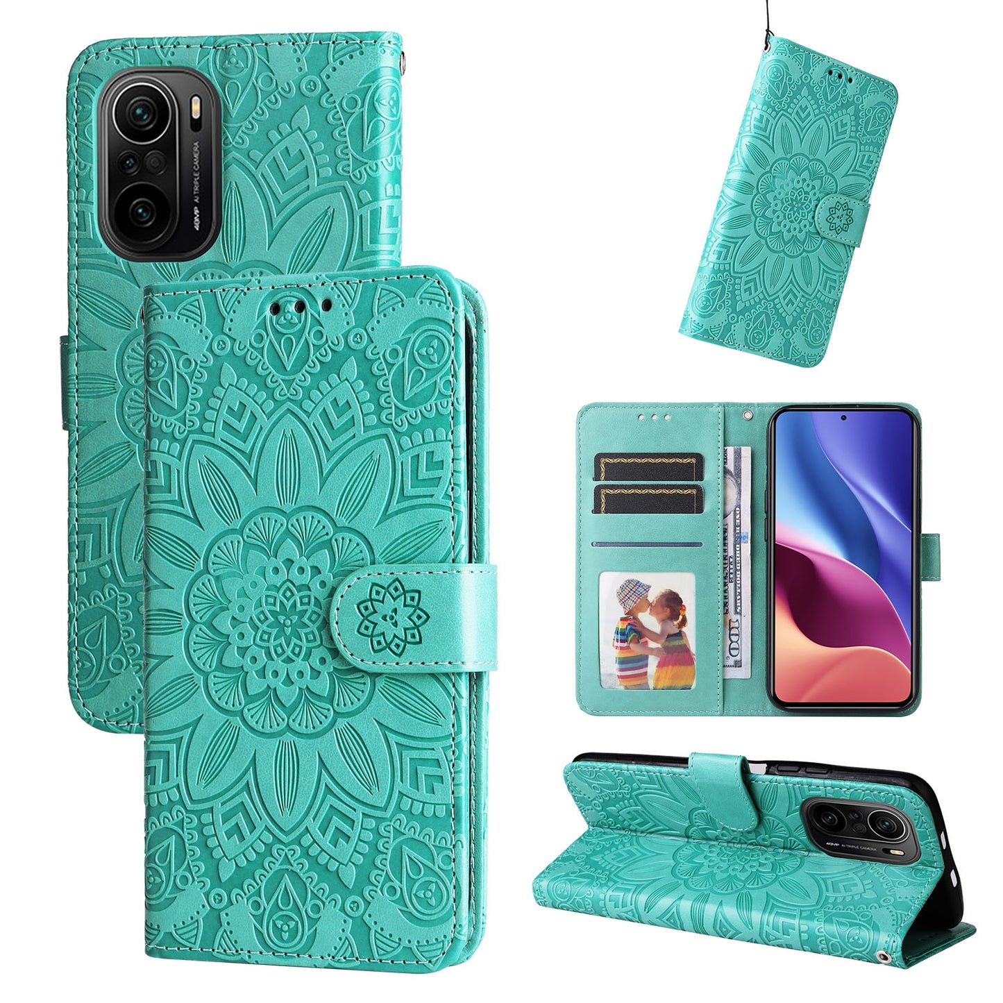 Xiaomi Redmi K40 Sunflower Embossed Leather Wallet Phone Case with Kickstand and Card Holder