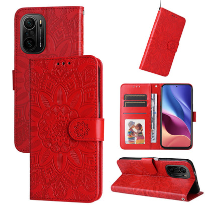 Xiaomi Redmi K40 Sunflower Embossed Leather Wallet Phone Case with Kickstand and Card Holder