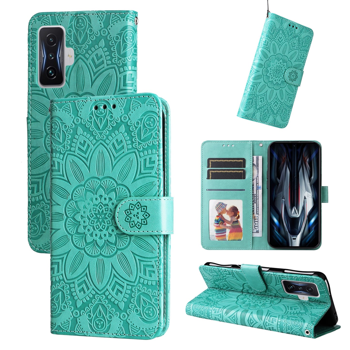 Xiaomi Redmi K50 Gaming 5G Sunflower Embossed Leather Wallet Phone Case with Kickstand and Card Holder