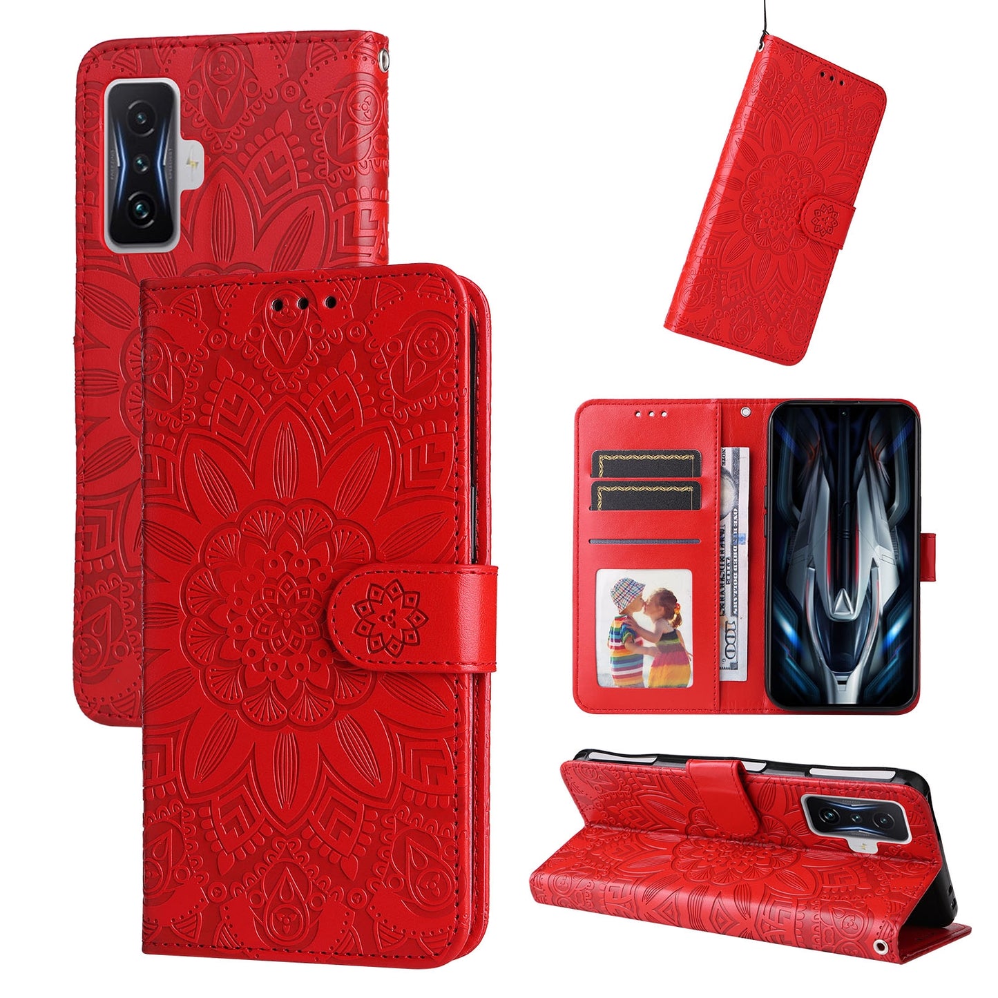 Xiaomi Redmi K50 Gaming 5G Sunflower Embossed Leather Wallet Phone Case with Kickstand and Card Holder