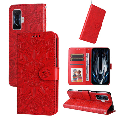 Xiaomi Redmi K50 Gaming 5G Sunflower Embossed Leather Wallet Phone Case with Kickstand and Card Holder