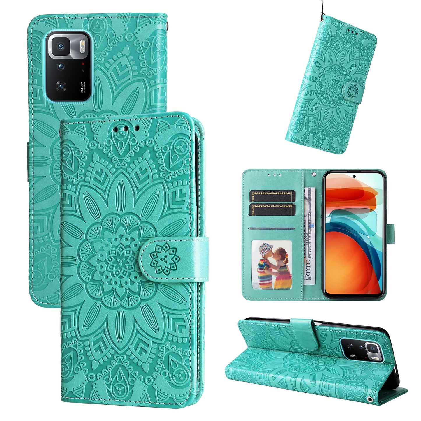 Xiaomi Redmi Note 10 Pro 5G Sunflower Embossed Leather Wallet Phone Case with Kickstand and Card Holder