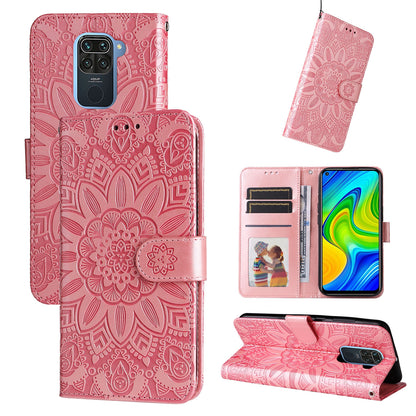 Xiaomi Redmi Note 9 4G Sunflower Embossed Leather Wallet Phone Case with Kickstand and Card Holder