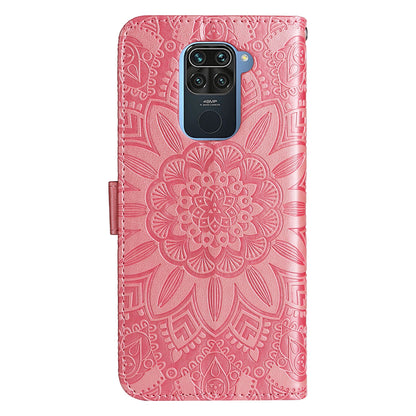 Xiaomi Redmi Note 9 4G Sunflower Embossed Leather Wallet Phone Case with Kickstand and Card Holder