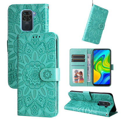 Xiaomi Redmi Note 9 4G Sunflower Embossed Leather Wallet Phone Case with Kickstand and Card Holder