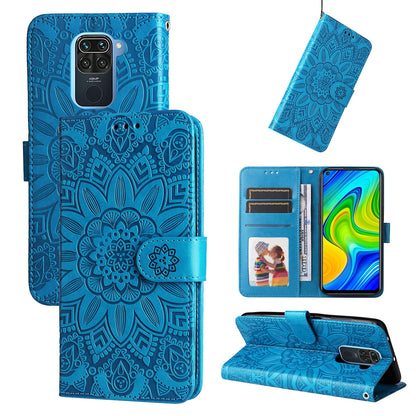 Xiaomi Redmi Note 9 4G Sunflower Embossed Leather Wallet Phone Case with Kickstand and Card Holder