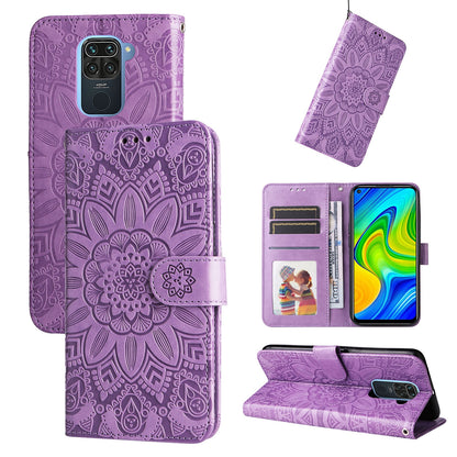 Xiaomi Redmi Note 9 4G Sunflower Embossed Leather Wallet Phone Case with Kickstand and Card Holder