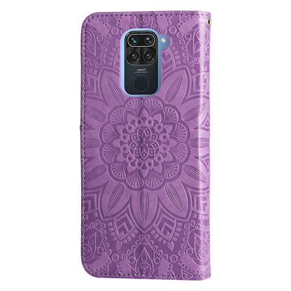 Xiaomi Redmi Note 9 4G Sunflower Embossed Leather Wallet Phone Case with Kickstand and Card Holder