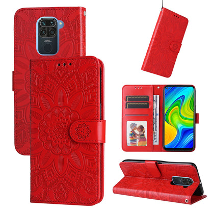 Xiaomi Redmi Note 9 4G Sunflower Embossed Leather Wallet Phone Case with Kickstand and Card Holder