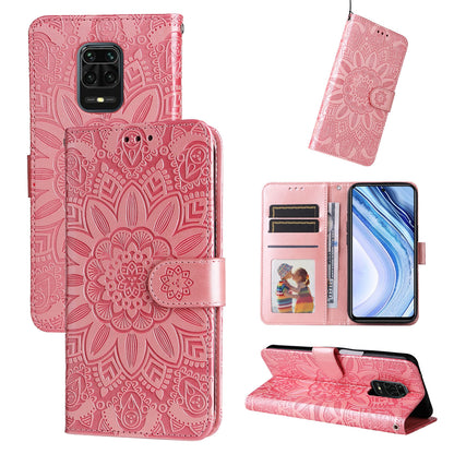 Xiaomi Redmi Note 9S Sunflower Embossed Leather Wallet Phone Case with Kickstand and Card Holder