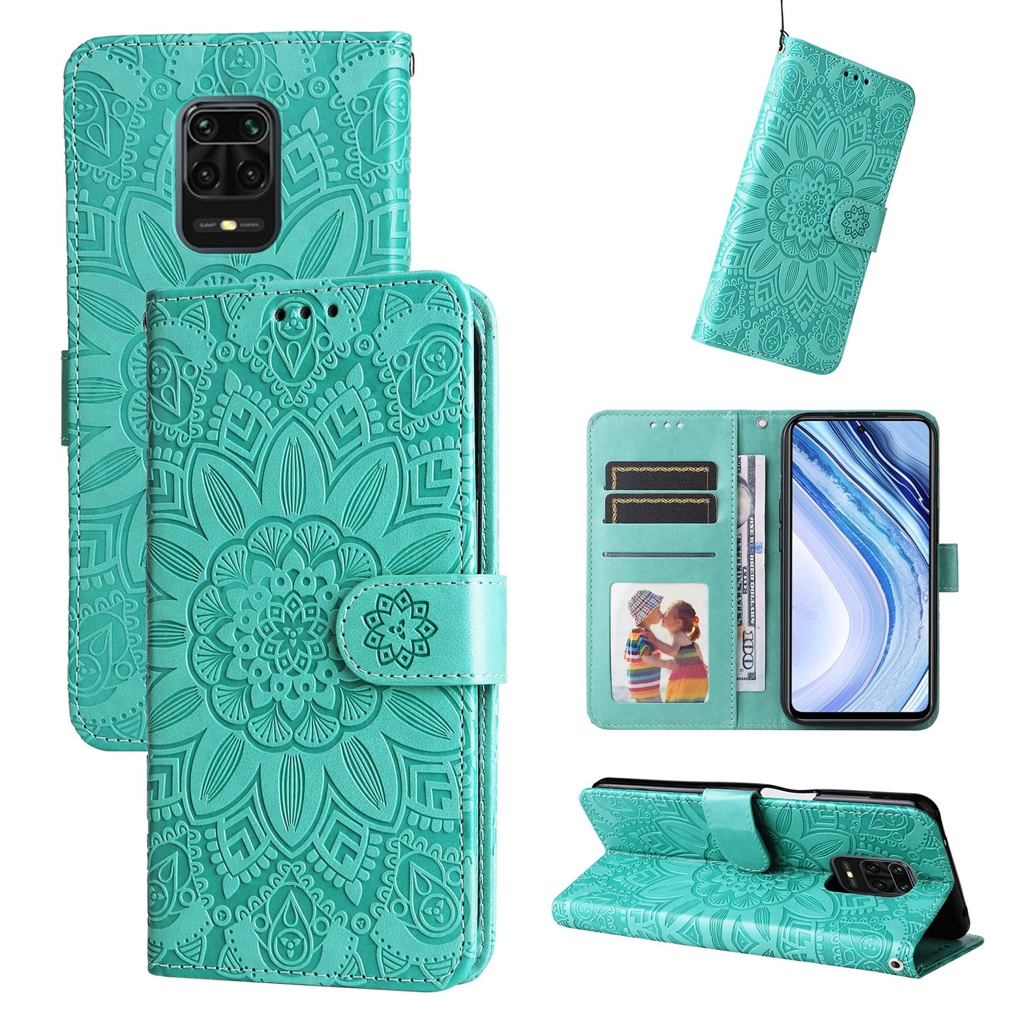 Xiaomi Redmi Note 9S Sunflower Embossed Leather Wallet Phone Case with Kickstand and Card Holder