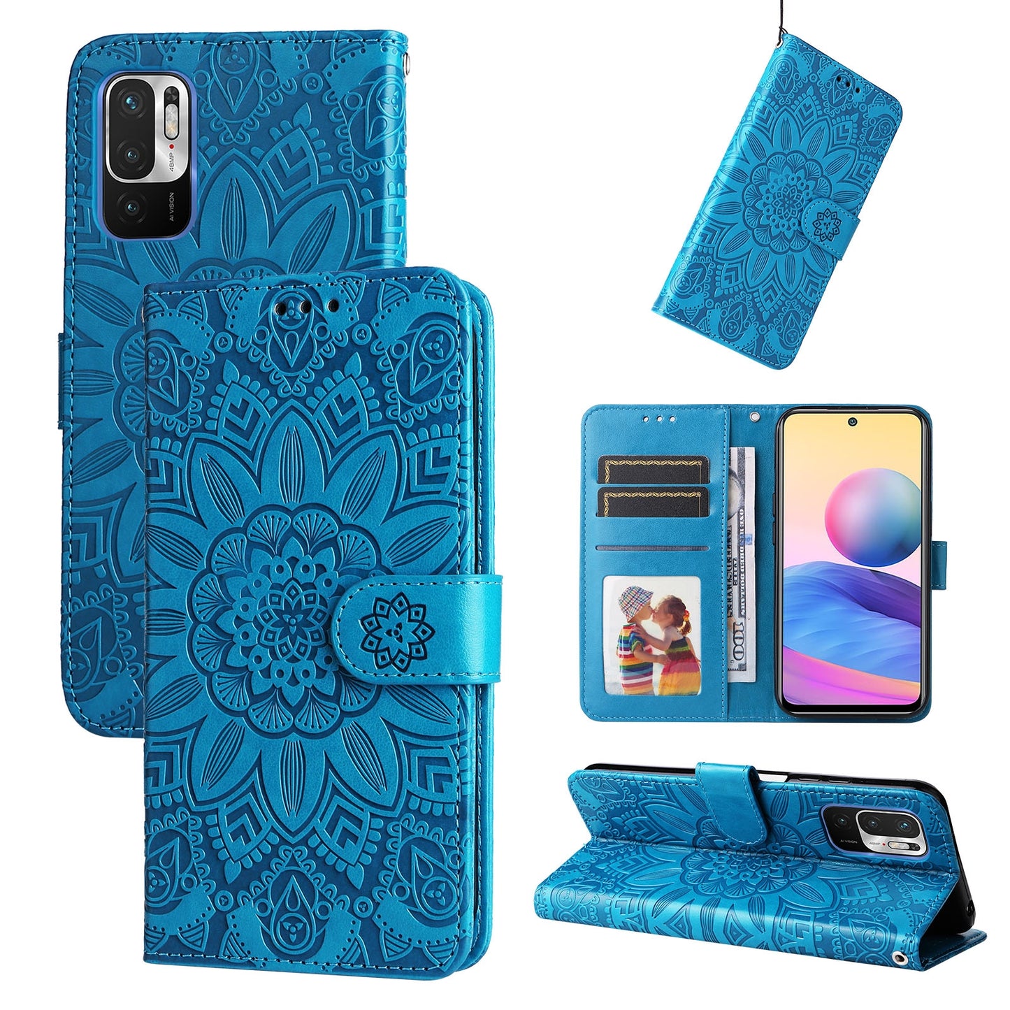 Xiaomi Redmi Note 10 5G Sunflower Embossed Leather Wallet Phone Case with Kickstand and Card Holder