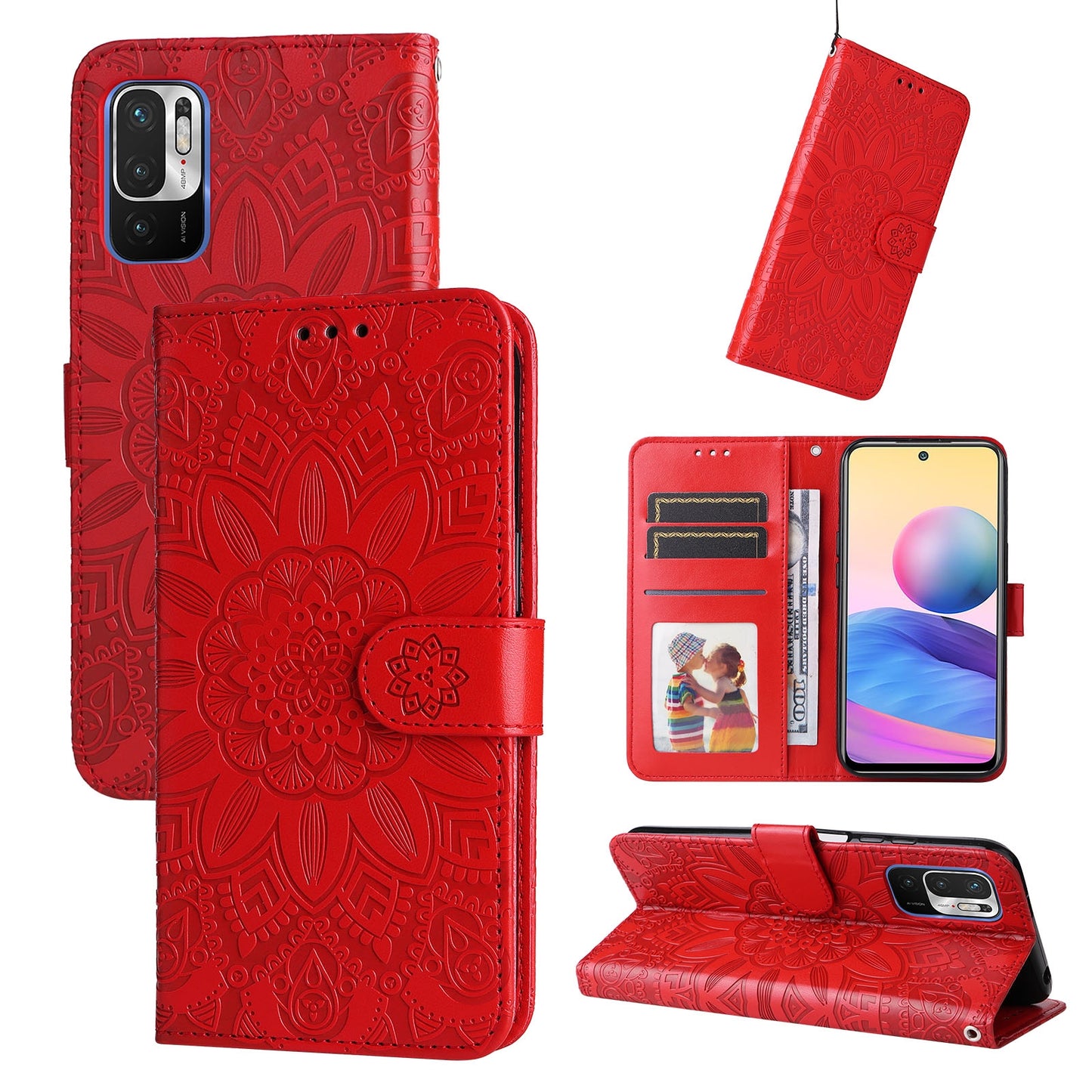 Xiaomi Redmi Note 10 5G Sunflower Embossed Leather Wallet Phone Case with Kickstand and Card Holder