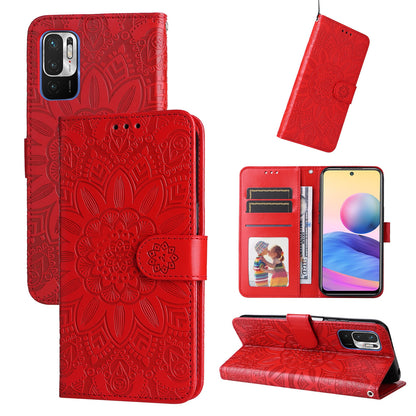 Xiaomi Redmi Note 10 5G Sunflower Embossed Leather Wallet Phone Case with Kickstand and Card Holder