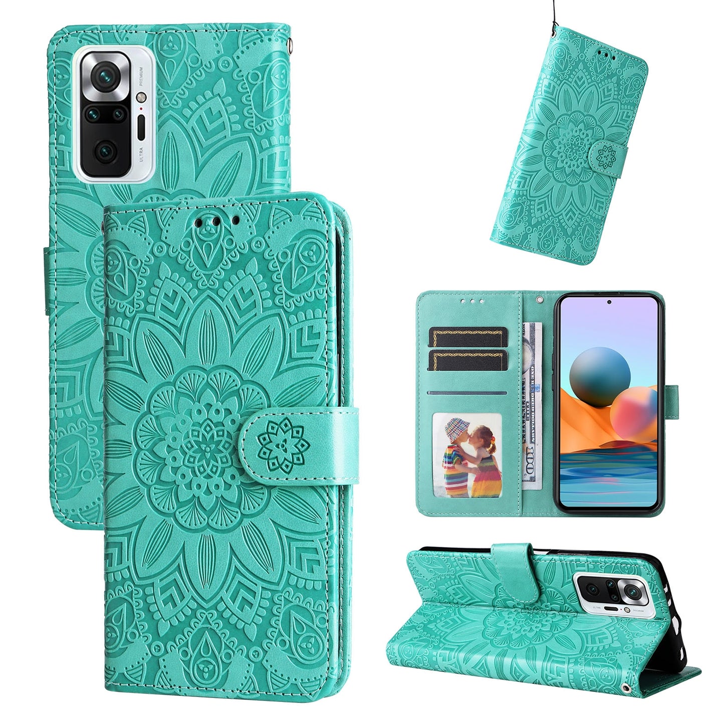 Xiaomi Redmi Note 10 Pro Sunflower Embossed Leather Wallet Phone Case with Kickstand and Card Holder