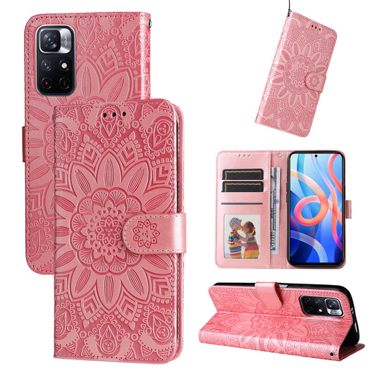 Xiaomi Redmi Note 11 5G Sunflower Embossed Leather Wallet Phone Case with Kickstand and Card Holder