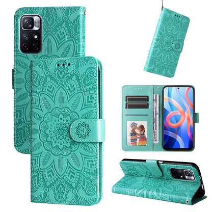 Xiaomi Redmi Note 11 5G Sunflower Embossed Leather Wallet Phone Case with Kickstand and Card Holder