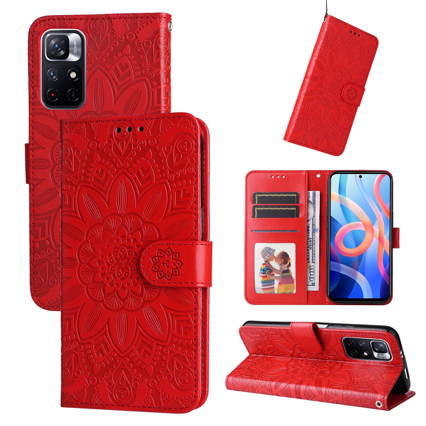 Xiaomi Redmi Note 11 5G Sunflower Embossed Leather Wallet Phone Case with Kickstand and Card Holder