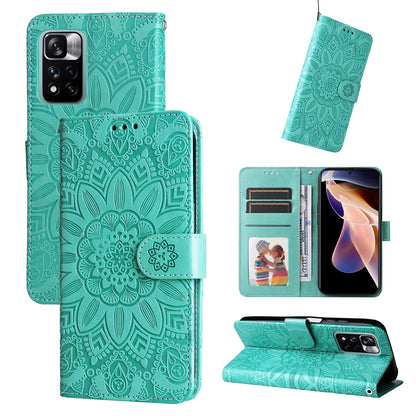 Xiaomi Redmi Note 11E Sunflower Embossed Leather Wallet Phone Case with Kickstand and Card Holder