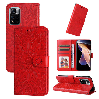 Xiaomi Redmi Note 11E Sunflower Embossed Leather Wallet Phone Case with Kickstand and Card Holder